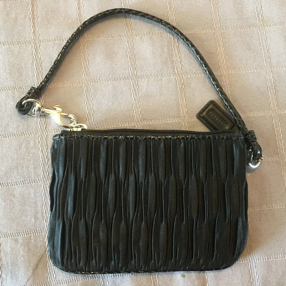 Coach Vintage Black Ruched Sateen Zip Wristlet with Patent Leather Trim
